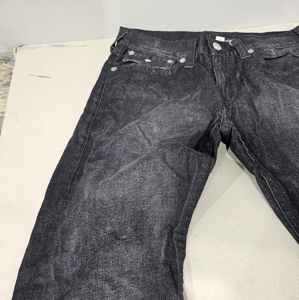 True Religion Straight Leg Jeans Size 32" Inseam 32" Black w/Black Stitch - Picture 2 of 16